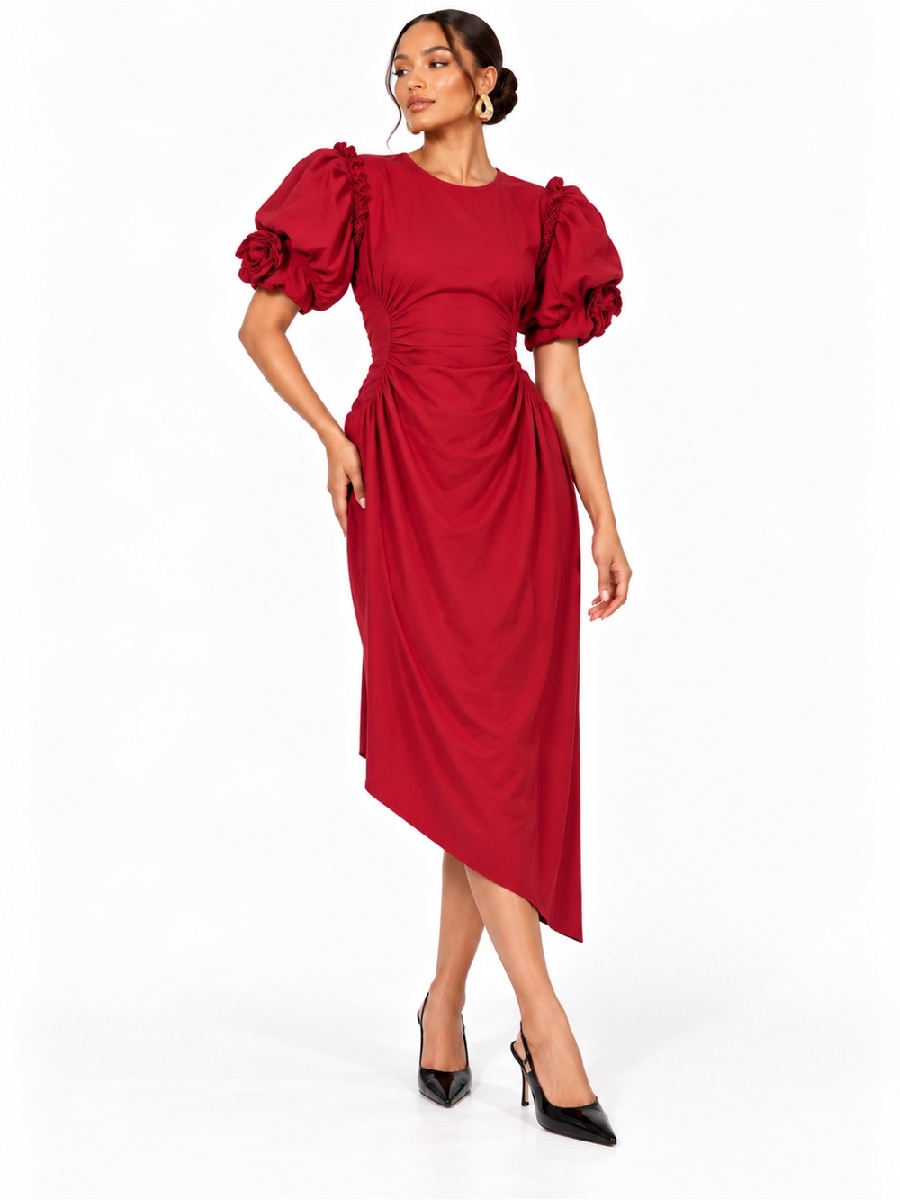 Gracia S Red Puff Sleeve Ruched Midi Dress Rosette Cocktail Statement